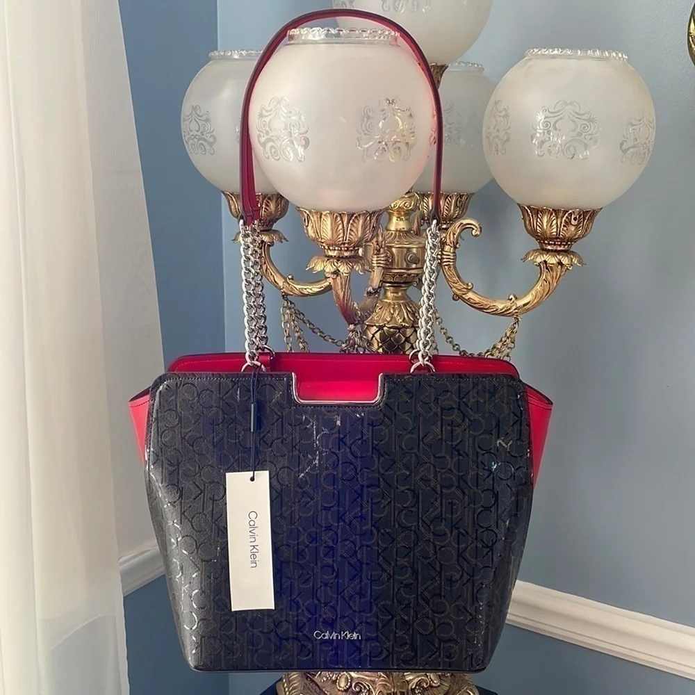 Brand New Calvin Klein Logo Print Chain Strap Tote Dark Brown w/ Red Accents